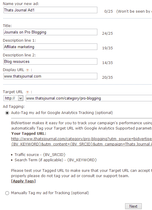 Create a Bidvertiser text ad