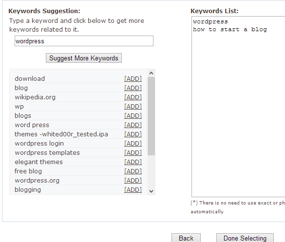 Set keywords targeting for Bidvertiser text ad