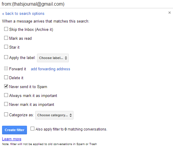 Add email address to whitelist in Gmail