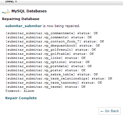 Database Repair Complete in cPanel Database Repair Complete in cPanel