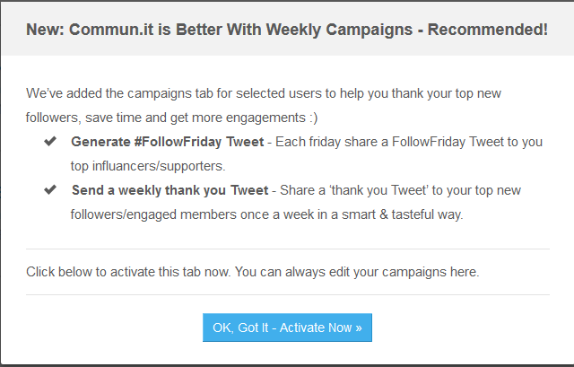 Activate automatic tweets campaigns in commun.it Activate automatic tweets campaigns in commun.it