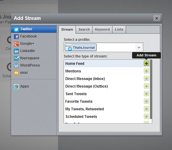 Add Stream dialog box in Hootsuite