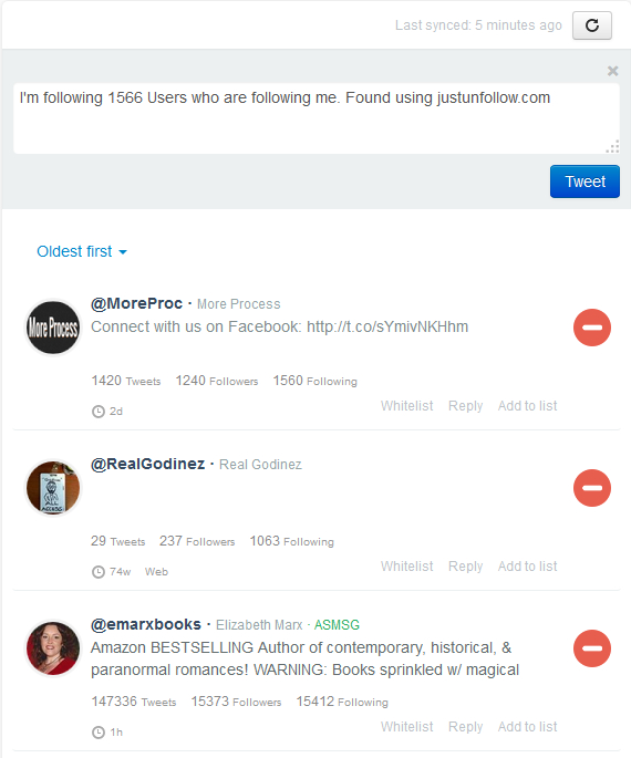 All following section in JustUnfollow, free Twitter unfollowers manager