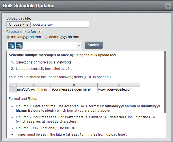 Bulk Schedule Updates dialog box in HootSuite Bulk Schedule Updates dialog box in HootSuite