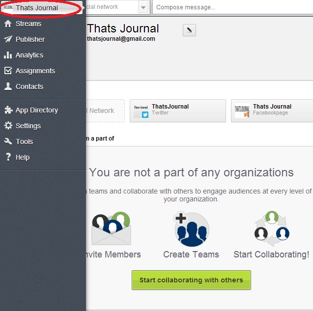 Click on Account button in left menu in Hootsuite dashboard Click on Account button in left menu in Hootsuite dashboard