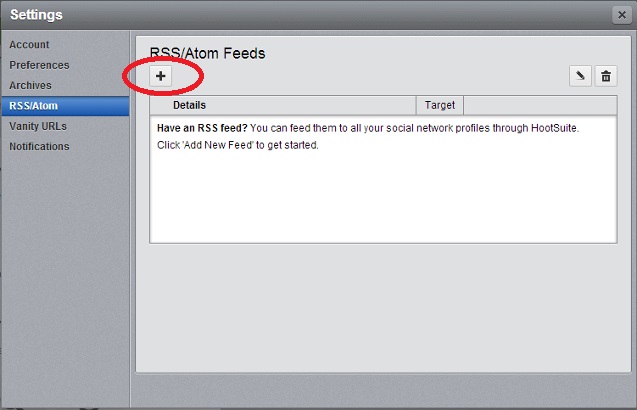 Click on Add New Feed button in Settings dialog box in HootSuite Click on Add New Feed button in Settings dialog box in HootSuite