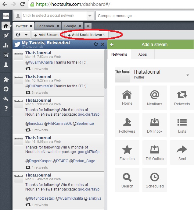 Click on Add Social Network button in Hootsuite dashboard Click on Add Social Network button in Hootsuite dashboard