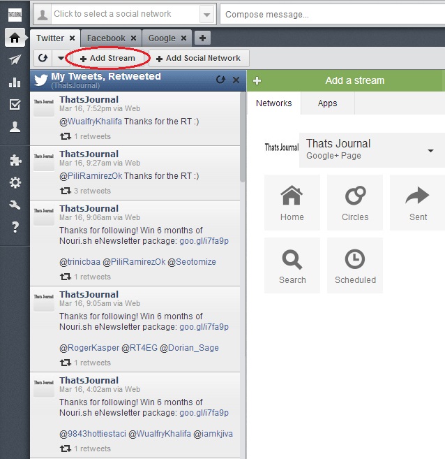 Click on Add Stream button in Hootsuite dashboard