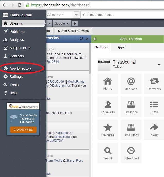 Click on App Directory in left menu in HootSuite dashboard