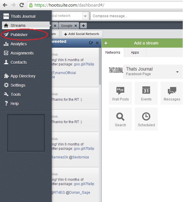 Click on Publisher menu in HootSuite dashboard Click on Publisher menu in HootSuite dashboard
