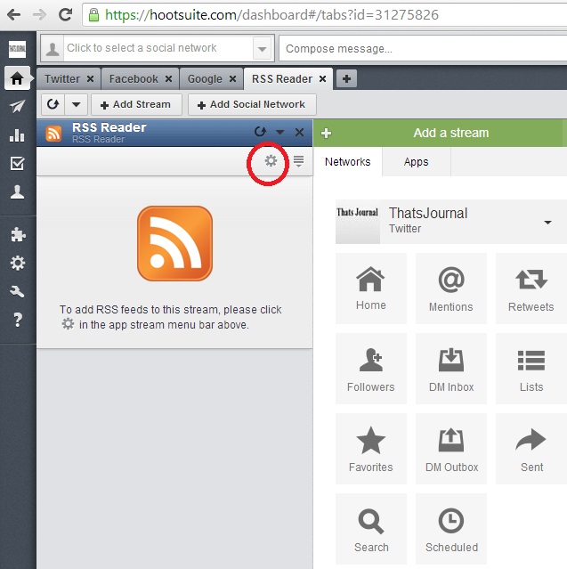 Click on Settings button in app stream menu bar in HootSuite