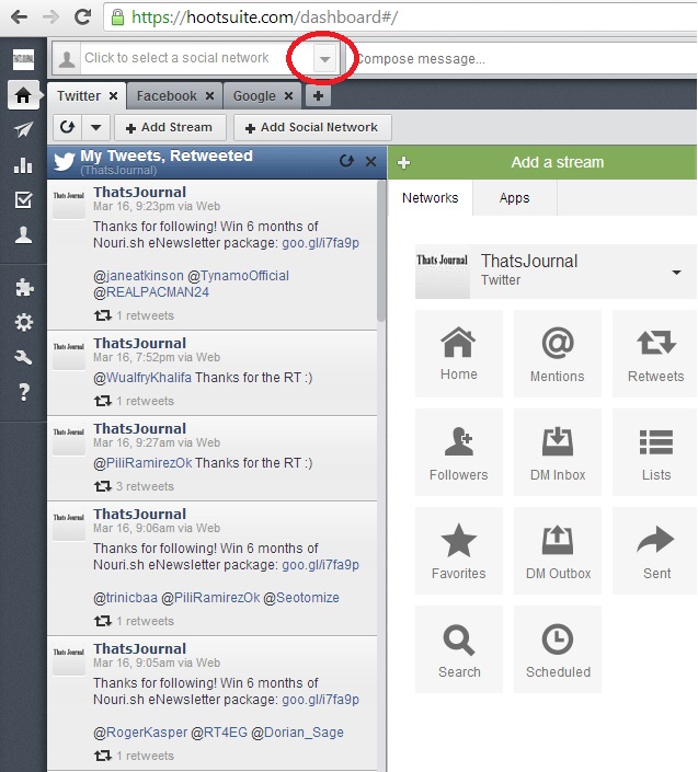 Click to select a social network drop down menu in HootSuite