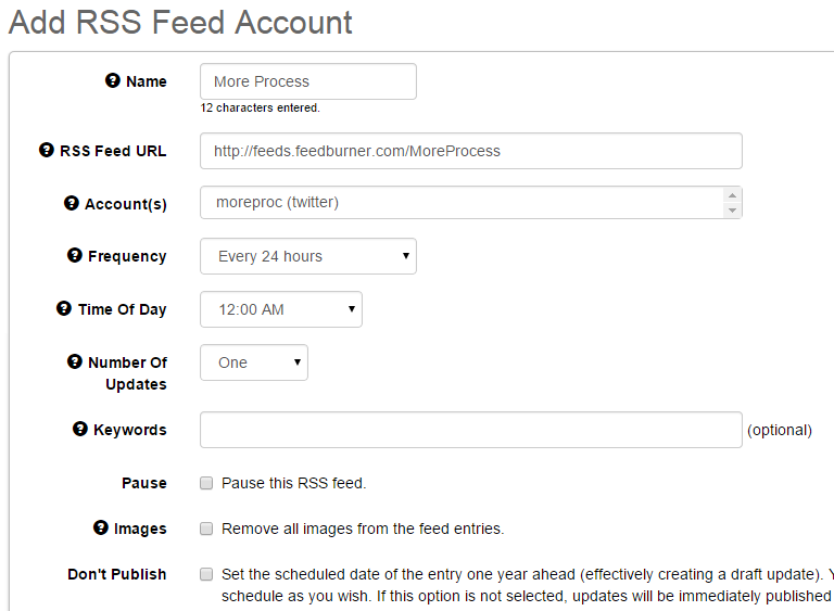 Connect RSS feed account in SocialOomph