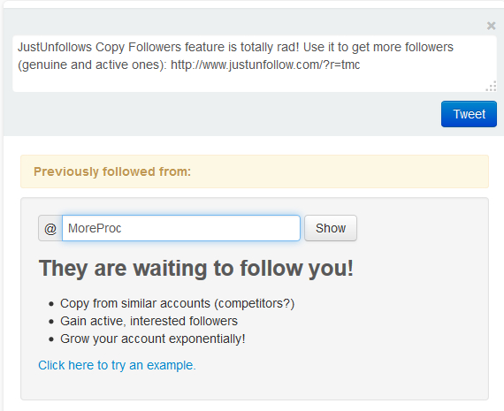 Copy followers section in JustUnfollow, free Twitter unfollowers manager