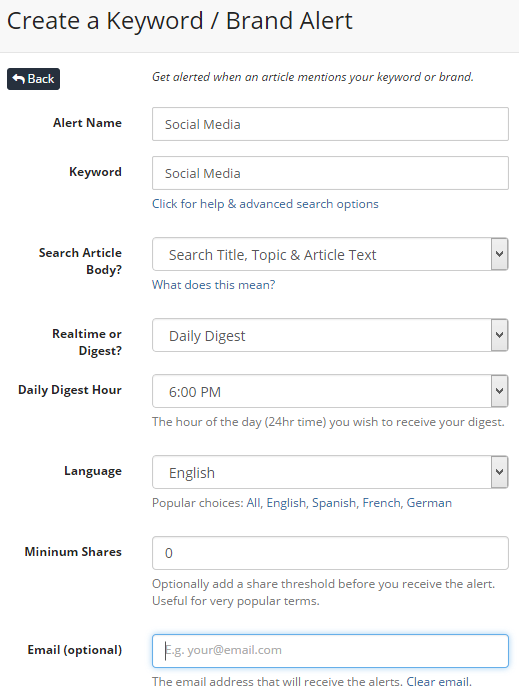 Create keyword email digest alert in BuzzSumo