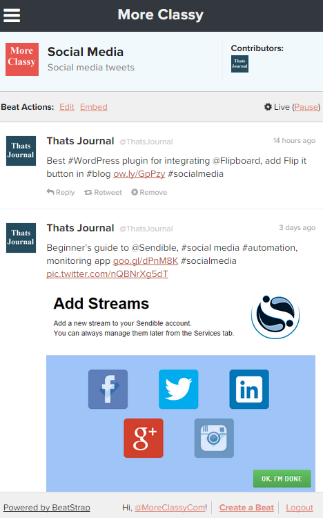 Create live Twitter blogs by using tweets in BeatStrap