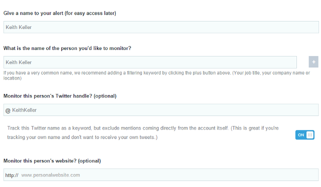 Create social media alert for name of person, Twitter handle, website
