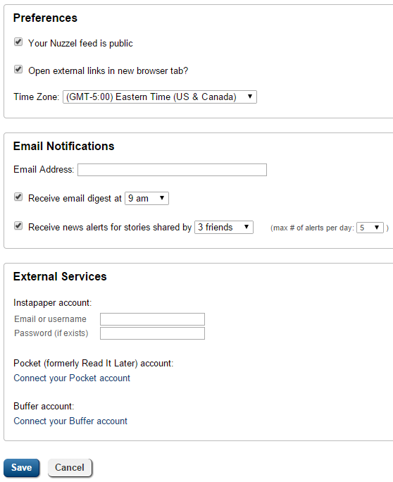 Edit settings and preferences in Nuzzel