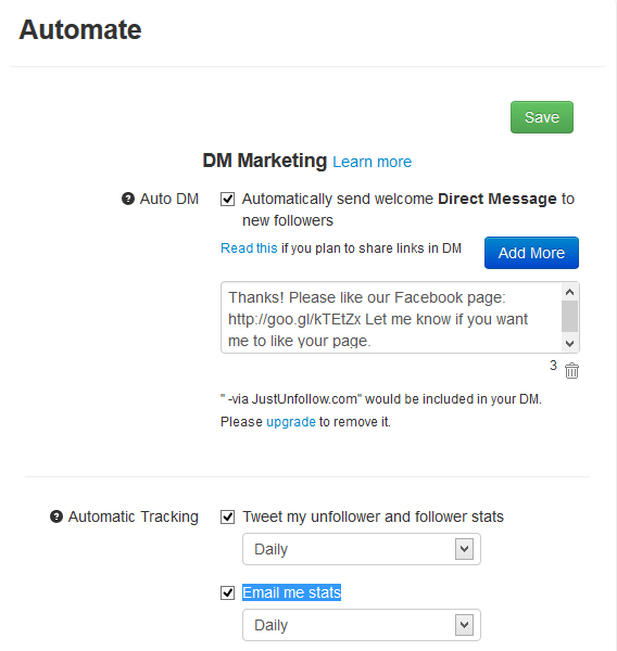 Enable DMs, automatic stats tweets, email alerts in JustUnfollow