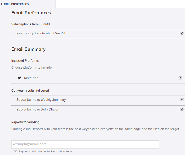 Enable daily email digest and weekly summary email notifications in SumAll