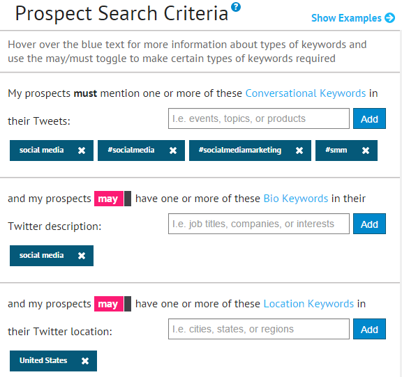 Enter lead generation criteria in Socedo Enter lead generation criteria in Socedo