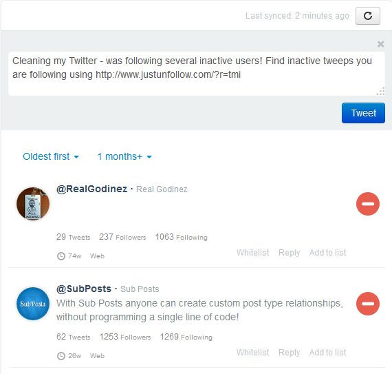 Find inactive Twitter members in JustUnfollow