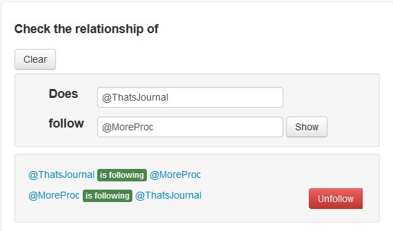 Find relationship between two Twitter accounts in JustUnfollow