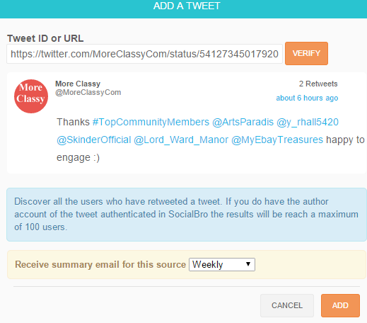 Find, track retweeters for a particular tweet in SocialBro Find, track retweeters for a particular tweet in SocialBro