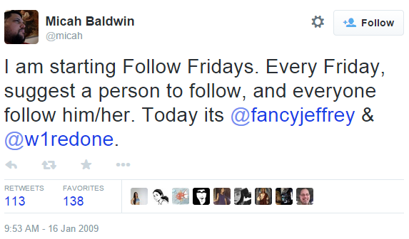 First Follow Friday tweet sent by Micah Baldwin
