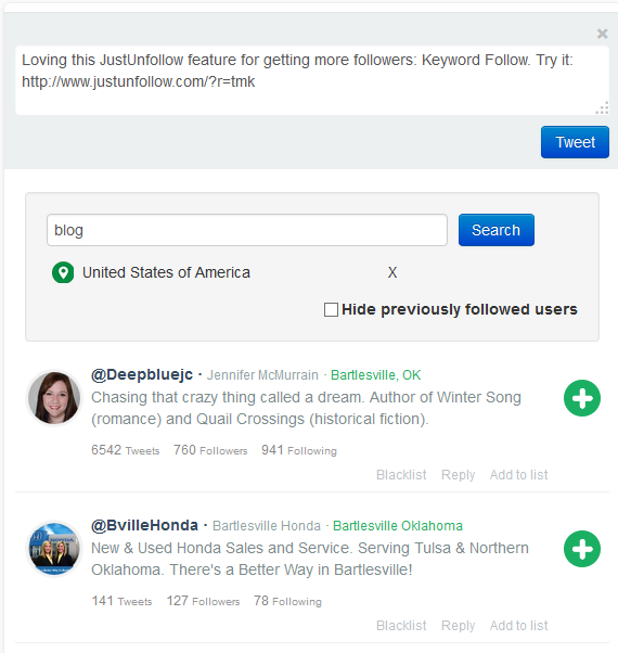 Follow relevant members by using keyword, hashtag in JustUnfollow