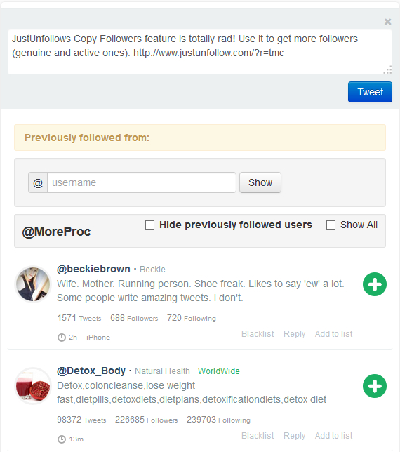 Follow relevant users from another Twitter account in JustUnfollow