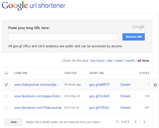 Hide URLs in Goo.gl URL shortener