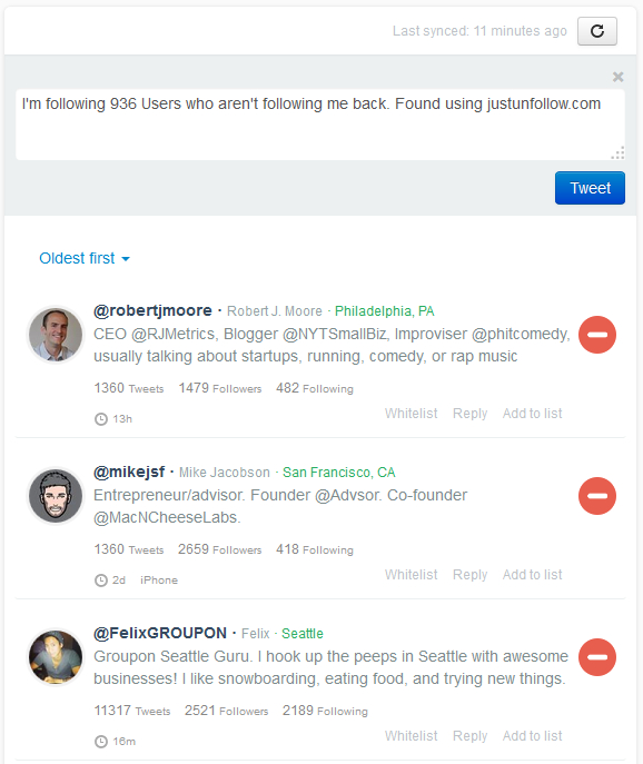 Find Twitter members who are not following you back using JustUnfollow