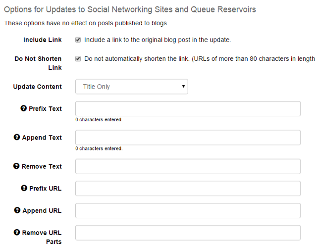 Options for RSS feeds account in SocialOomph