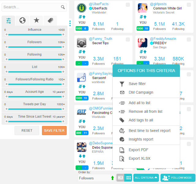 Options for this criteria in Socialbro Options for this criteria in Socialbro