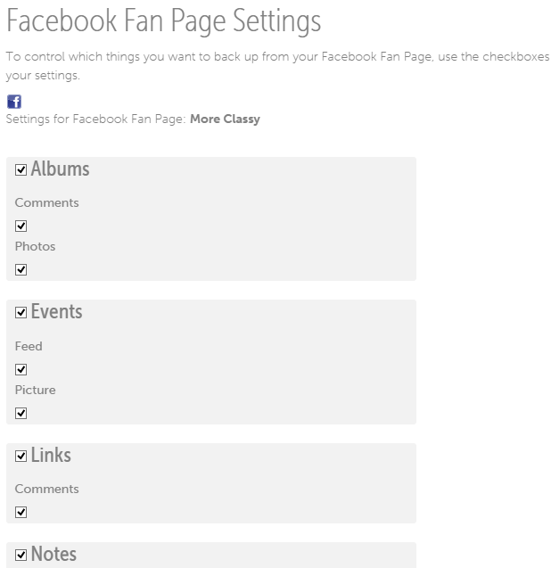 Options to backup Facebook page data in Backupify
