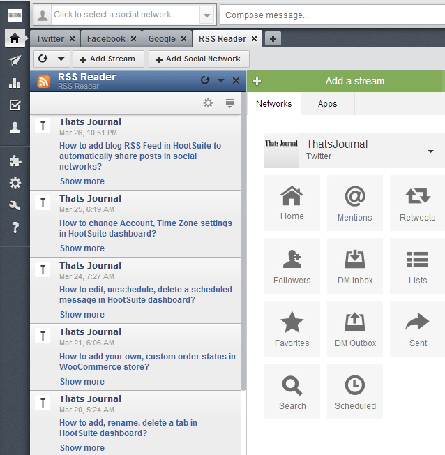 RSS Reader app in HootSuite dashboard