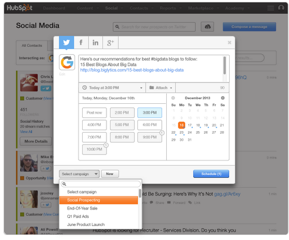 Schedule social media post using HubSpot Social Inbox