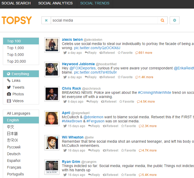 Search top social trends using keywords in Topsy