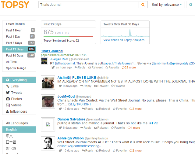 Search tweets by date range, language, content type using Topsy