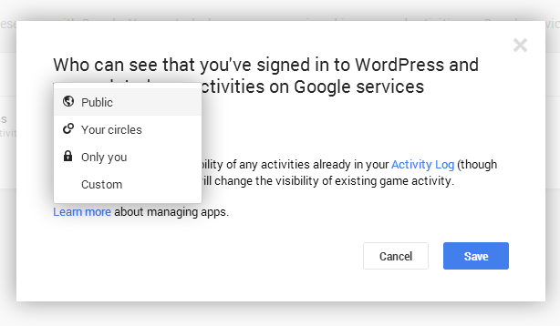 Select Public from drop down menu in Google+ Apps settings Select Public from drop down menu in Google+ Apps settings