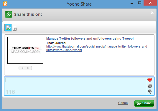 Share page in social media channels using Yoono browser app Share page in social media channels using Yoono browser app