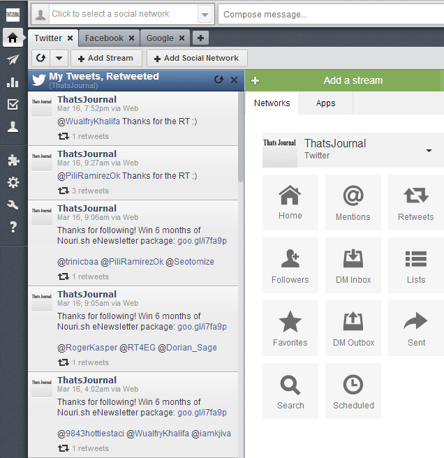 Three tabs for accessing Twitter, Facebook and Google+ streams in Hootsuite dashboard