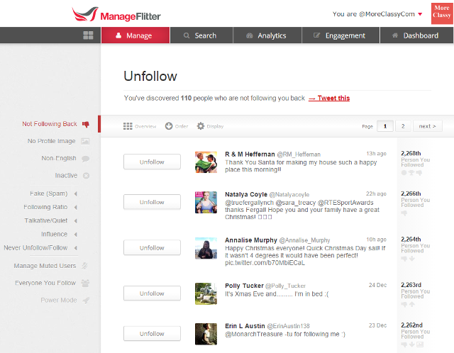 Unfollow Twitter followers based on criteria using ManageFlitter