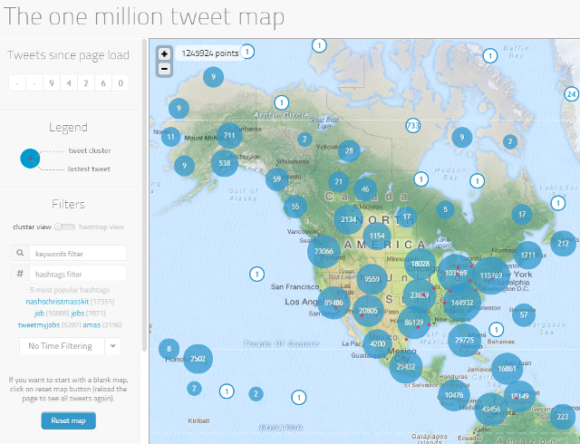 View real-time last one million tweets by locations in a map