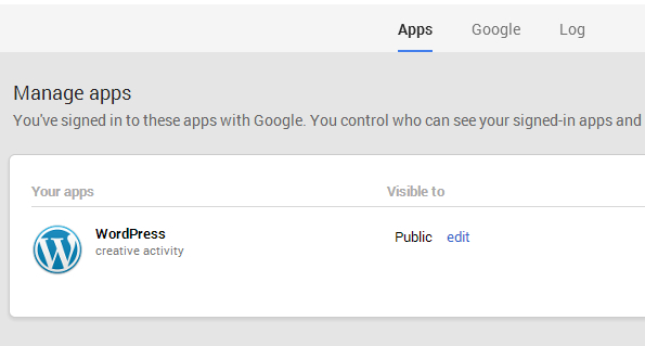 Visibility for WordPress app is set to Public in Google+ Visibility for WordPress app is set to Public in Google+