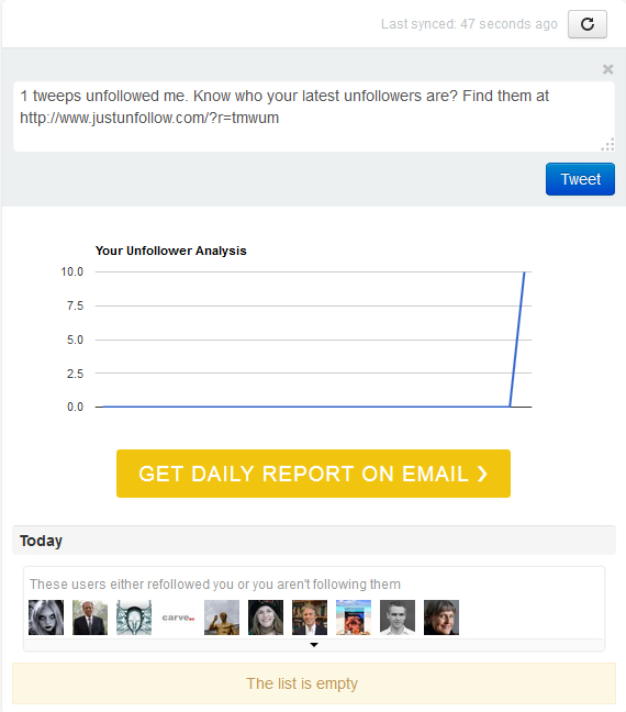 Who unfollowed me section in JustUnfollow, free Twitter unfollowers manager