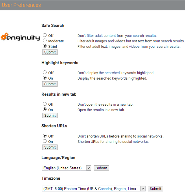 Change social search preferences in Enginuity search