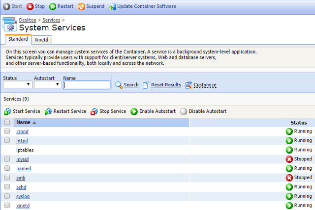 Click on MySQL service in Virtuozzo Power panel