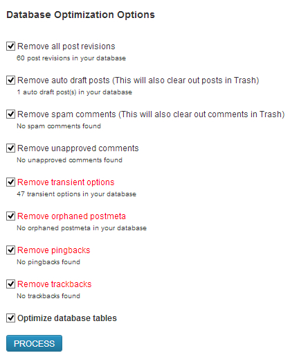 Database optimization options in WP Optimize Database optimization options in WP Optimize